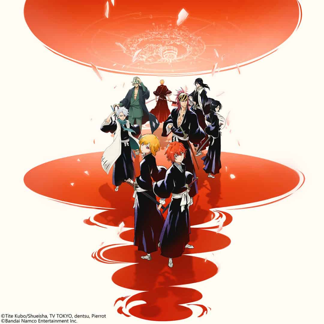 BLEACH Mirrors High Key Visual | The Outerhaven Group of anime samurai in black robes standing on a large red swirling portal.