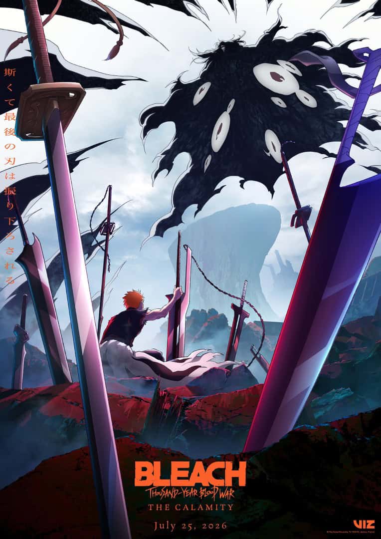 BLEACH_KV_EN_July25_ | The Outerhaven Colorful Bleach poster showing a lone fighter reaching up toward a towering black, multi-eyed monster with many swords planted in the red ground; release title The Calamity, July 25, 2026.