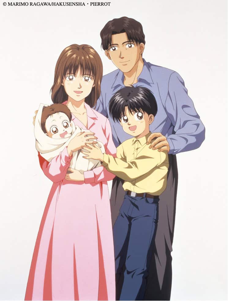 Baby Me | The Outerhaven Family portrait of a mother in pink holding a newborn, a father in blue behind them, and a smiling older son in a yellow shirt nearby.