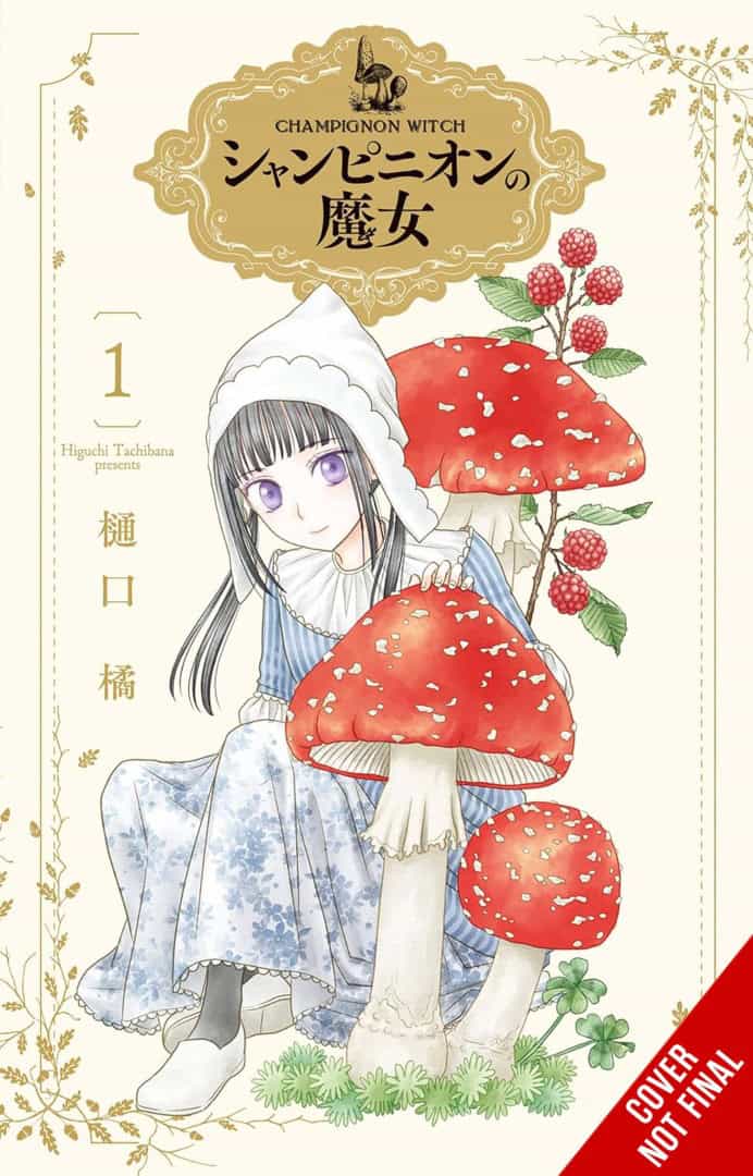 Champignon Witch V1 CNF | The Outerhaven Manga cover: a girl in a blue dress and white hood sits among large red spotted mushrooms, with a gold decorative frame above the title.