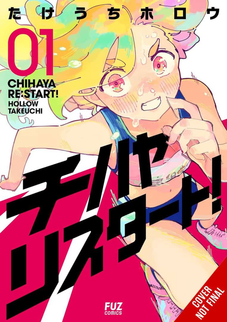 Chihaya Re-START Vol 1 CNF | The Outerhaven Colorful manga cover featuring a smiling girl in a sporty outfit running, with large black Japanese title text across the foreground and '01' plus FUZ Comics logo.