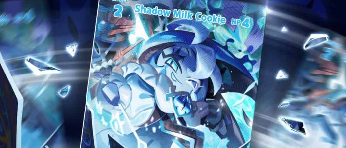 CookieRun_ Braverse TCG - Booster Set 5_ Blue Deck 4 Trading card image titled Shadow Milk Cookie—Level 2, HP 4—with a blue-haired character in a blue ice-themed scene and floating crystalline shards.