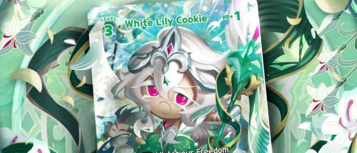 CookieRun_ Braverse TCG - Booster Set 5_ Green Deck 1 Promotional image for a White Lily Cookie trading card: a silver-haired character with pink eyes amid green vines, labeled 'White Lily Cookie' with Level 3 and HP 1, featuring the skill 'Victorious Freedom' and game-themed text against a mint-green floral background.