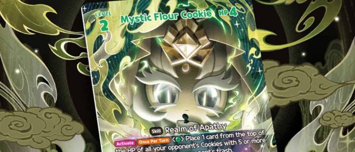 CookieRun_ Braverse TCG - Booster Set 5_ Green Deck 4 Promotional artwork for the Mystic Flour Cookie card, featuring a glowing, cat-like character and card details (Realm of Apathy)