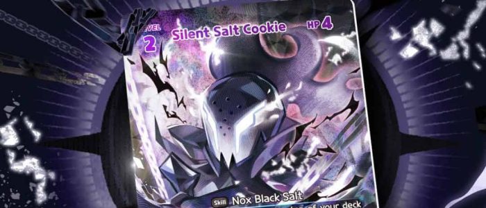 CookieRun_ Braverse TCG - Booster Set 5_ Purple Deck 4 Card image for a fantasy deck: 'Silent Salt Cookie' with Level 2, HP 4, Nox Black Salt skill, on a purple-dark background