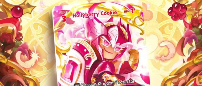 CookieRun_ Braverse TCG - Booster Set 5_ Red Deck 1 Bright promotional image for the Hollyberry Cookie game, featuring a pink armored hero card labeled Level 3 with HP 7, set against a yellow, swirl-filled background.