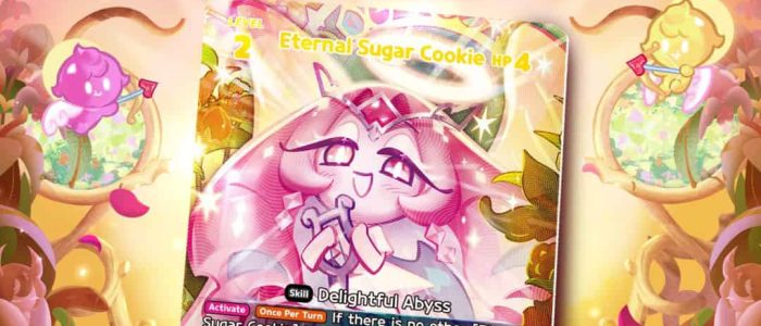 CookieRun_ Braverse TCG - Booster Set 5_ Yellow Deck 4 Colorful game card titled 'Eternal Sugar Cookie' with a pink, smiling character, set against a pink candy-filled background.