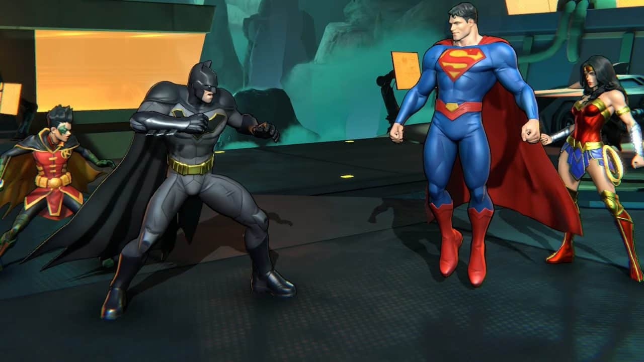 DCKO _ Official Announcement Trailer 0-11 screenshot | The Outerhaven Group of DC heroes—including Batman, Superman, Wonder Woman, and Robin—standing ready for battle in a futuristic arena.