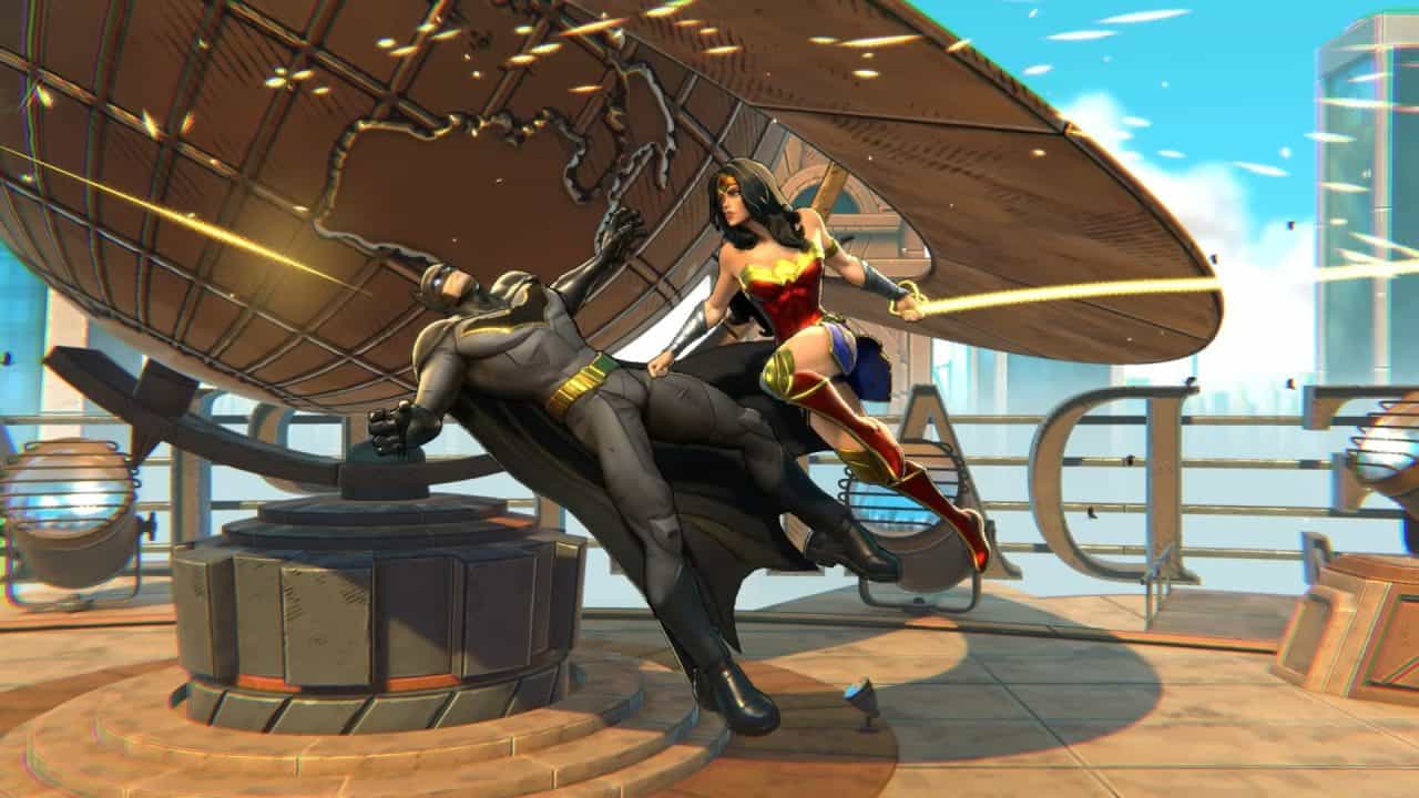 DCKO _ Official Announcement Trailer 0-21 screenshot | The Outerhaven Wonder Woman kicks Batman on a rooftop fight with a giant sail-like structure in the background, energy streaks nearby.