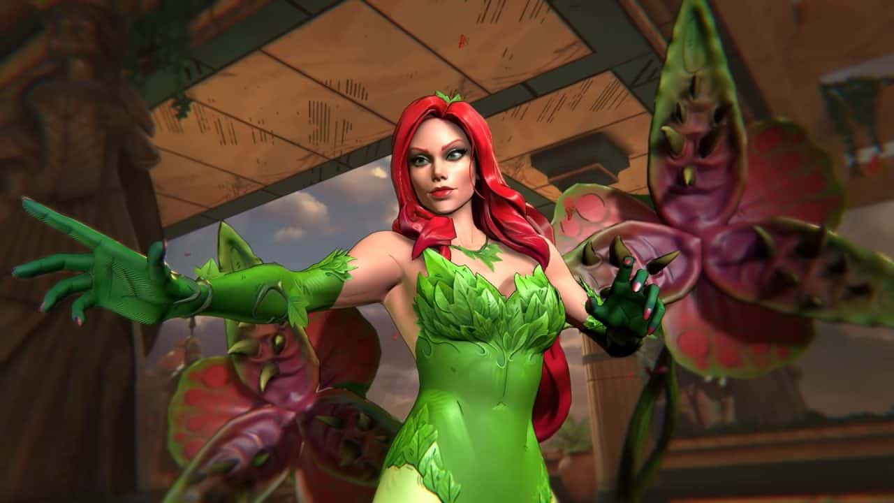 DCKO _ Official Announcement Trailer 0-26 screenshot | The Outerhaven Woman in a green leafy costume with red hair extending arms, facing pink monster creatures in a fantasy scene.
