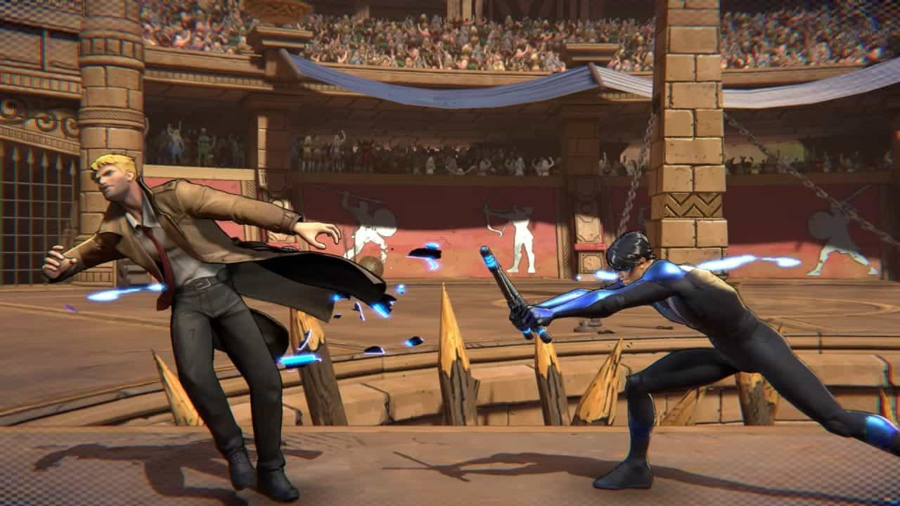 DCKO _ Official Announcement Trailer 0-31 screenshot | The Outerhaven Two fighters clash in a coliseum-like arena, blue energy bursts flying as they strike at each other, with a cheering crowd in the stands.