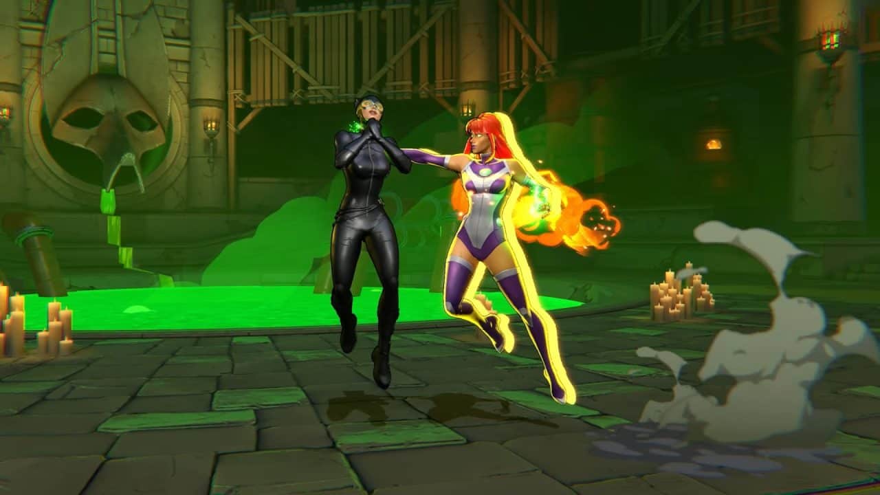 DCKO _ Official Announcement Trailer 0-35 screenshot | The Outerhaven Two female heroes fight in a dark dungeon arena; one in a black suit blocks as the other in purple-yellow armor punches forward, with green toxic liquid on the floor and candles around.
