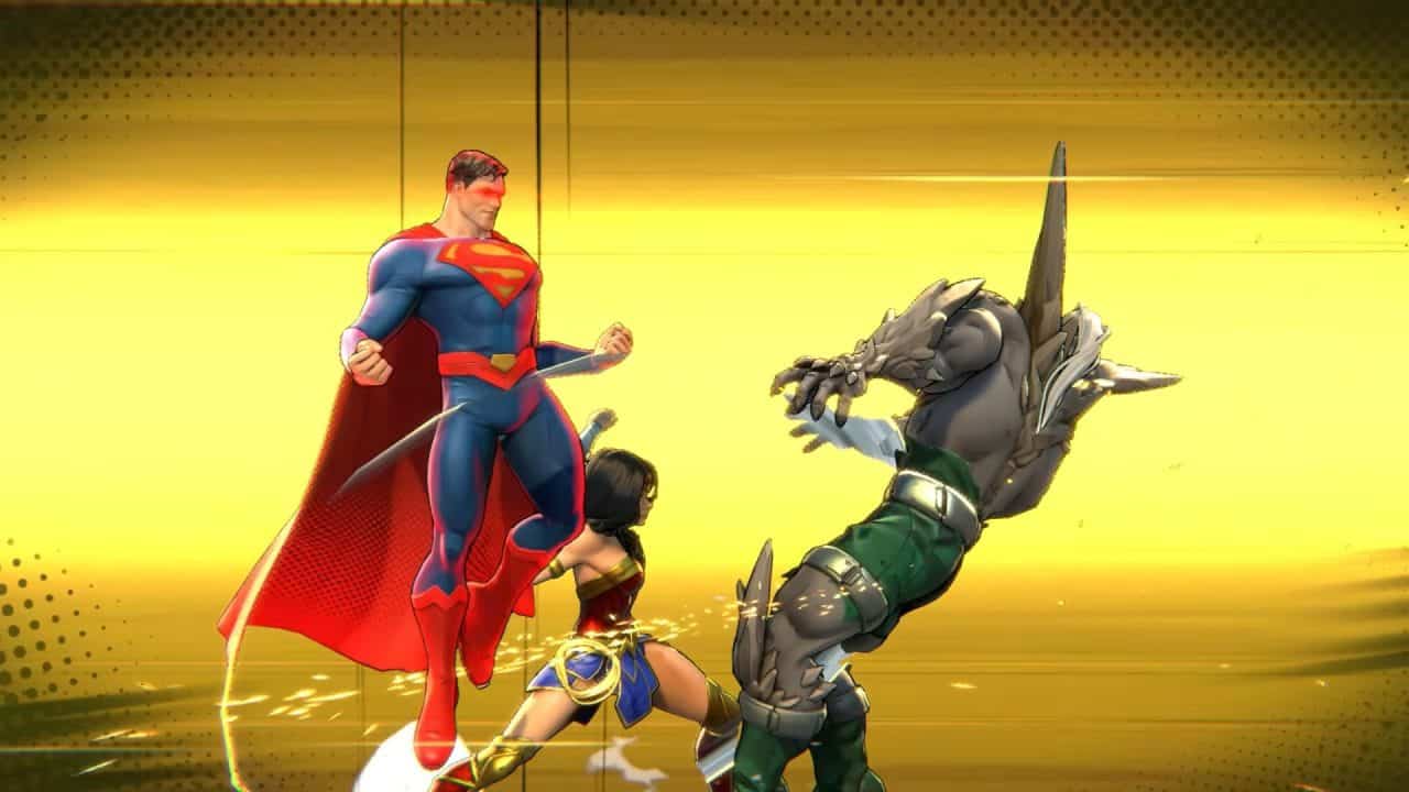 DCKO _ Official Announcement Trailer 0-51 screenshot | The Outerhaven Superman in blue suit and red cape fights a gray dragon-like creature in a bright yellow battle scene.