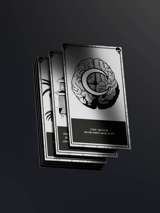 Deluxe Tarot Cards | The Outerhaven Stack of black-and-white illustrated cards fanned in 3D, featuring a large brain image and the caption'THE MOON' with subtext about the team's sanity.