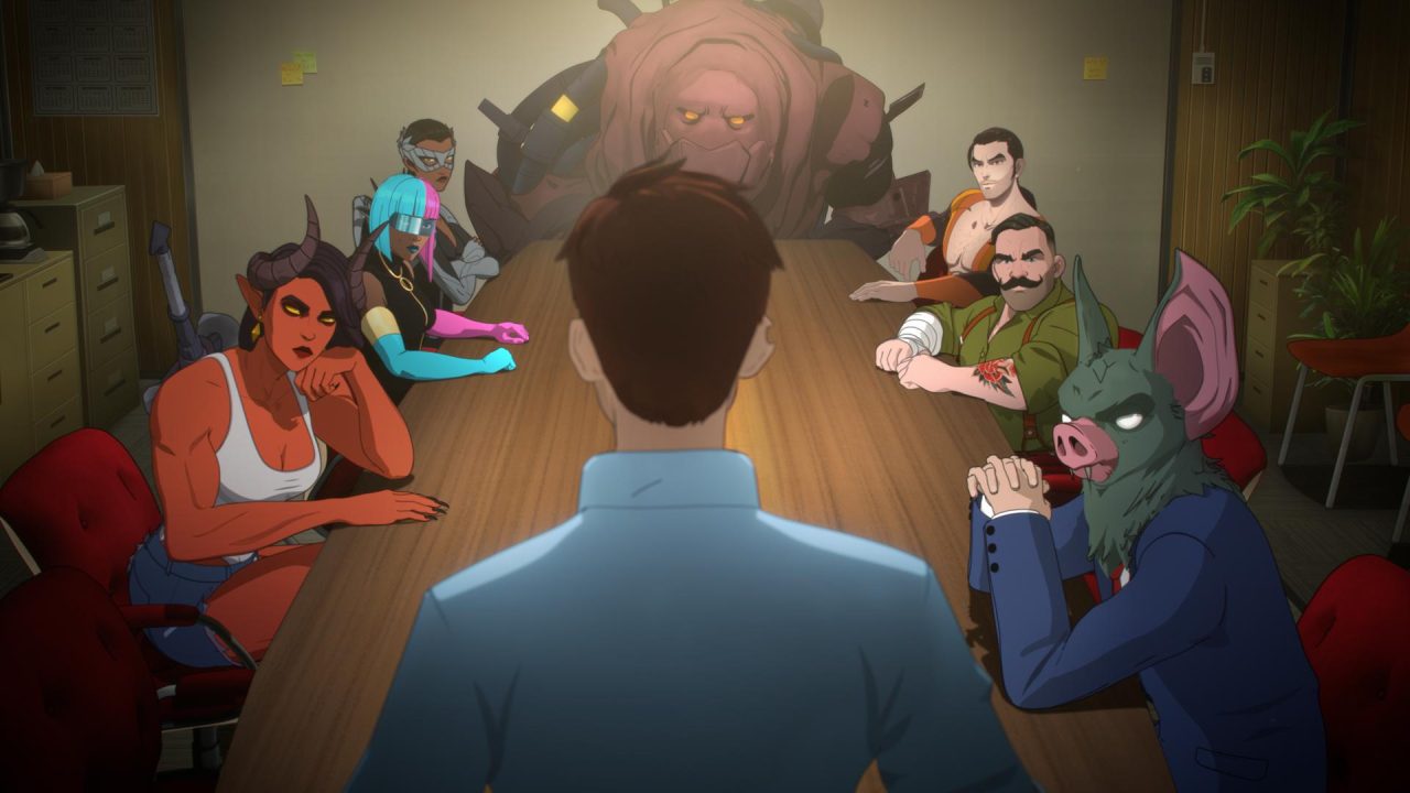 Dispatch_Xbox_Screenshots1 Back of a person in a blue shirt faces a long conference table, surrounded by diverse fantasy and human characters in a meeting room.