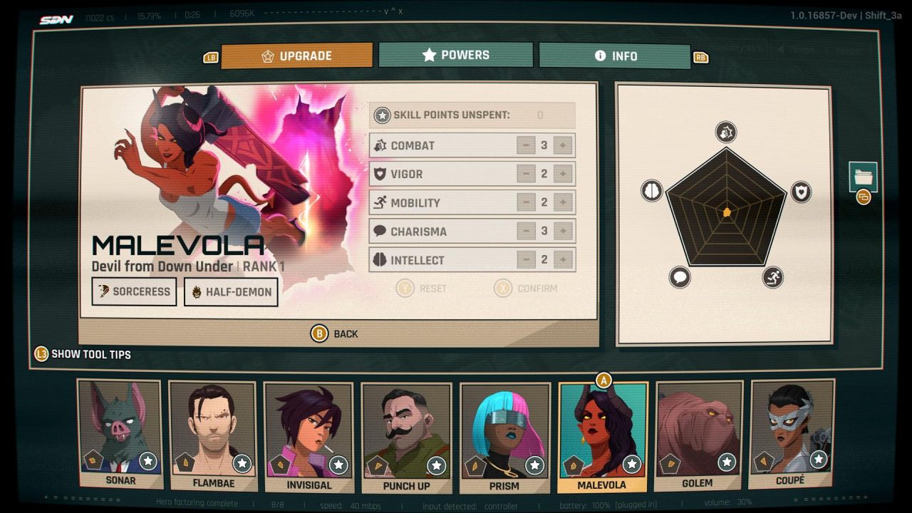 Dispatch_Xbox_Screenshots10 Character customization screen from a video game showing a highlighted character Malevola with stats and a row of avatars at the bottom.
