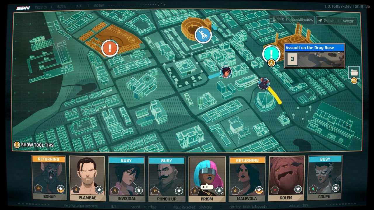 Dispatch_Xbox_Screenshots11 Top-down tactical map with mission icons and a panel reading 'Assault on the Drug Base' as agents navigate a city block.