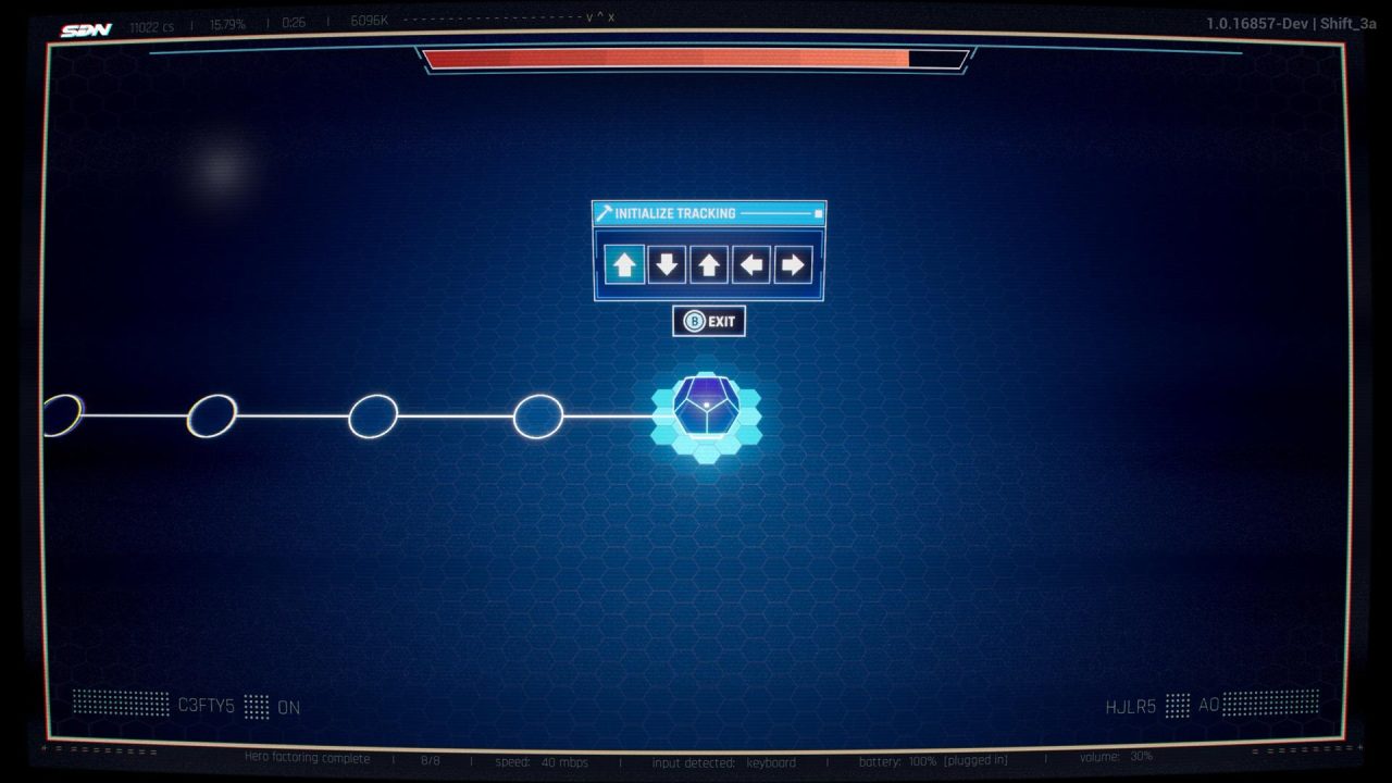 Dispatch_Xbox_Screenshots12 Futuristic dashboard screen showing a tracking initialization panel and a line of connected circular nodes leading to a glowing hexagon.