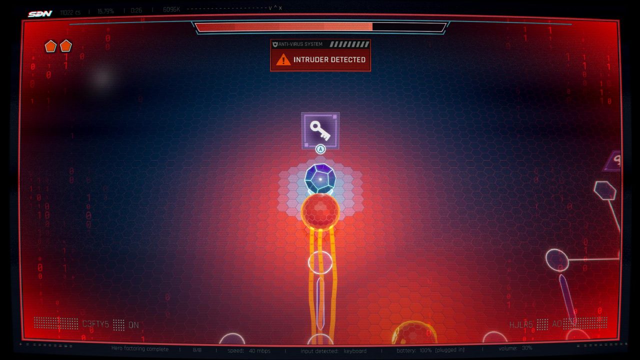 Dispatch_Xbox_Screenshots3 Futuristic security HUD showing 'INTRUDER DETECTED' warning with glowing colored orbs at center.