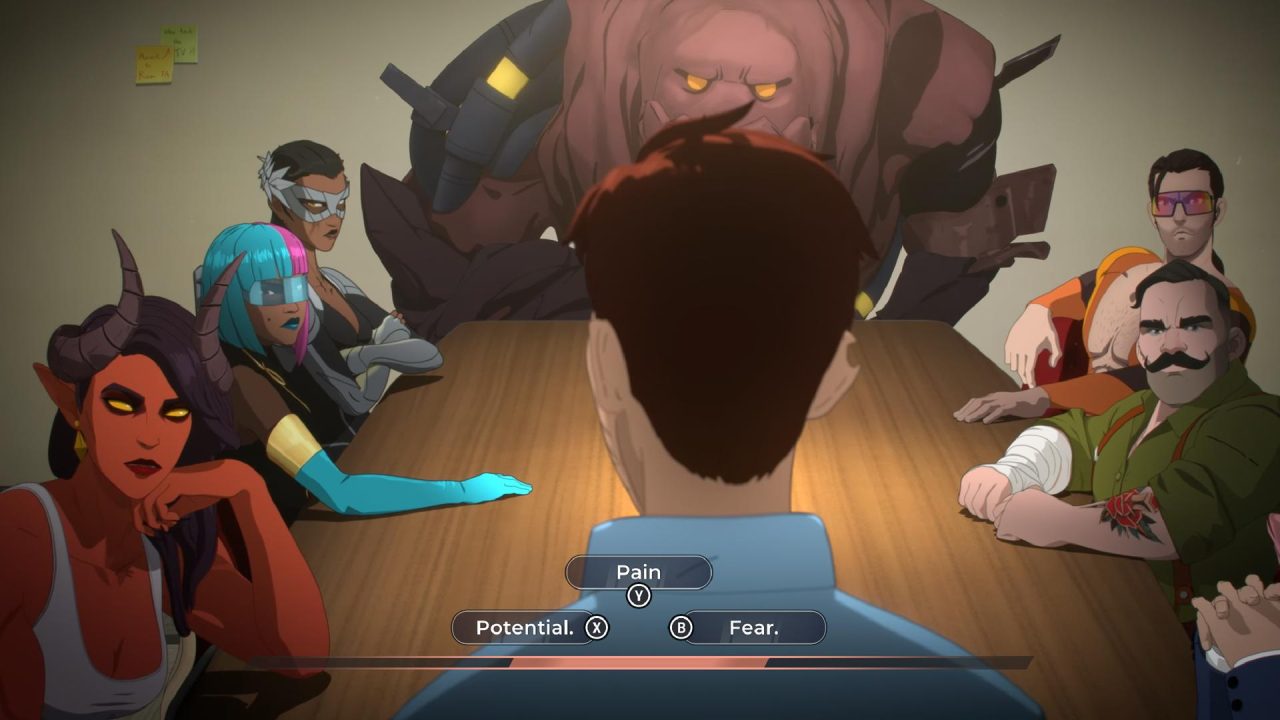 Dispatch_Xbox_Screenshots4 A person sits at a wooden table, seen from behind, surrounded by diverse characters and a giant creature looming behind them; on-screen prompts read Pain, Potential, Fear.