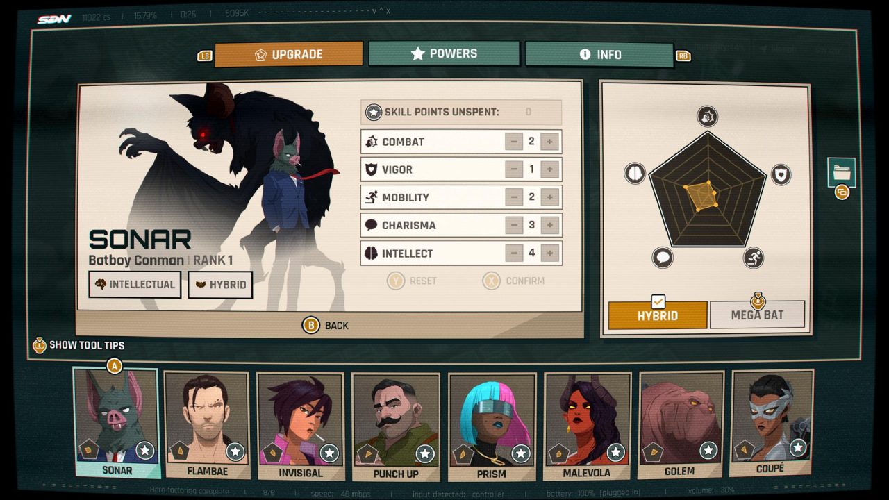 Dispatch_Xbox_Screenshots5 Character customization screen: left artwork of a bat-like figure beside a human, with stats (Combat 2, Vigor 1, Mobility 2, Charisma 3, Intellect 4) and selection buttons; right shows a radar chart panel and upgrade options.