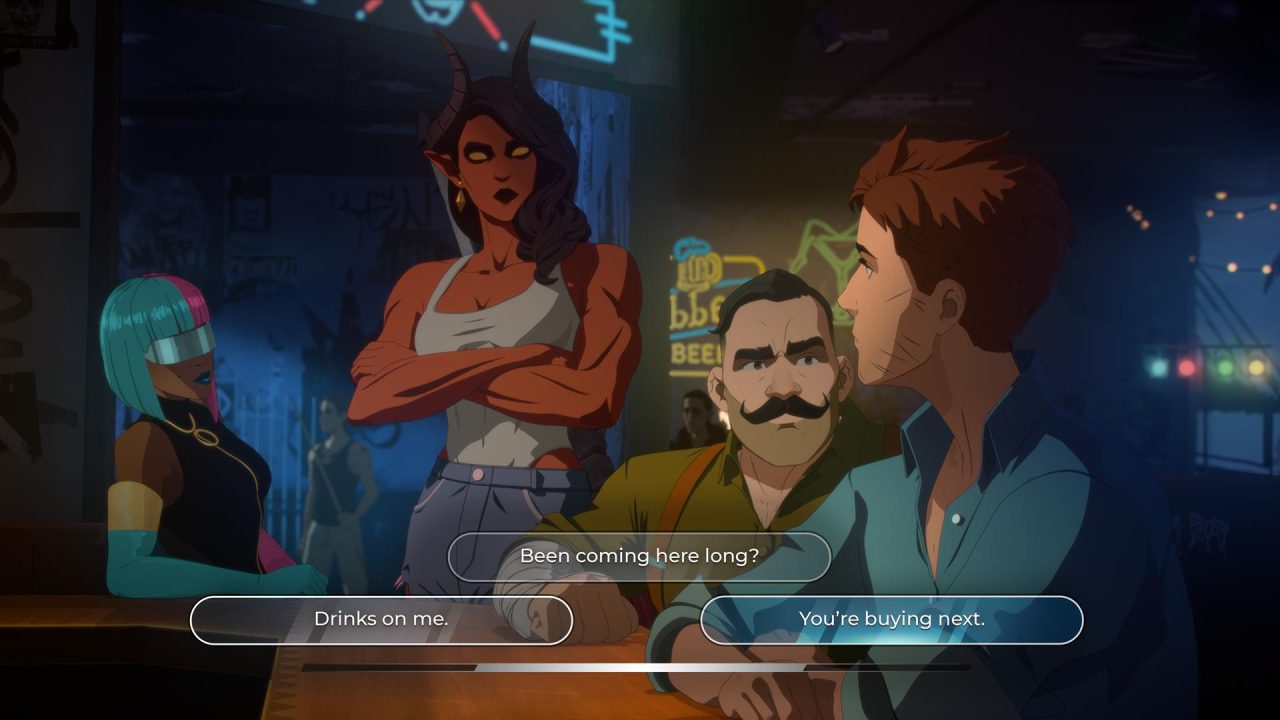 Dispatch_Xbox_Screenshots7 Three futuristic patrons at a neon-lit bar, with a horned woman and two men; subtitle reads 'Been coming here long?'