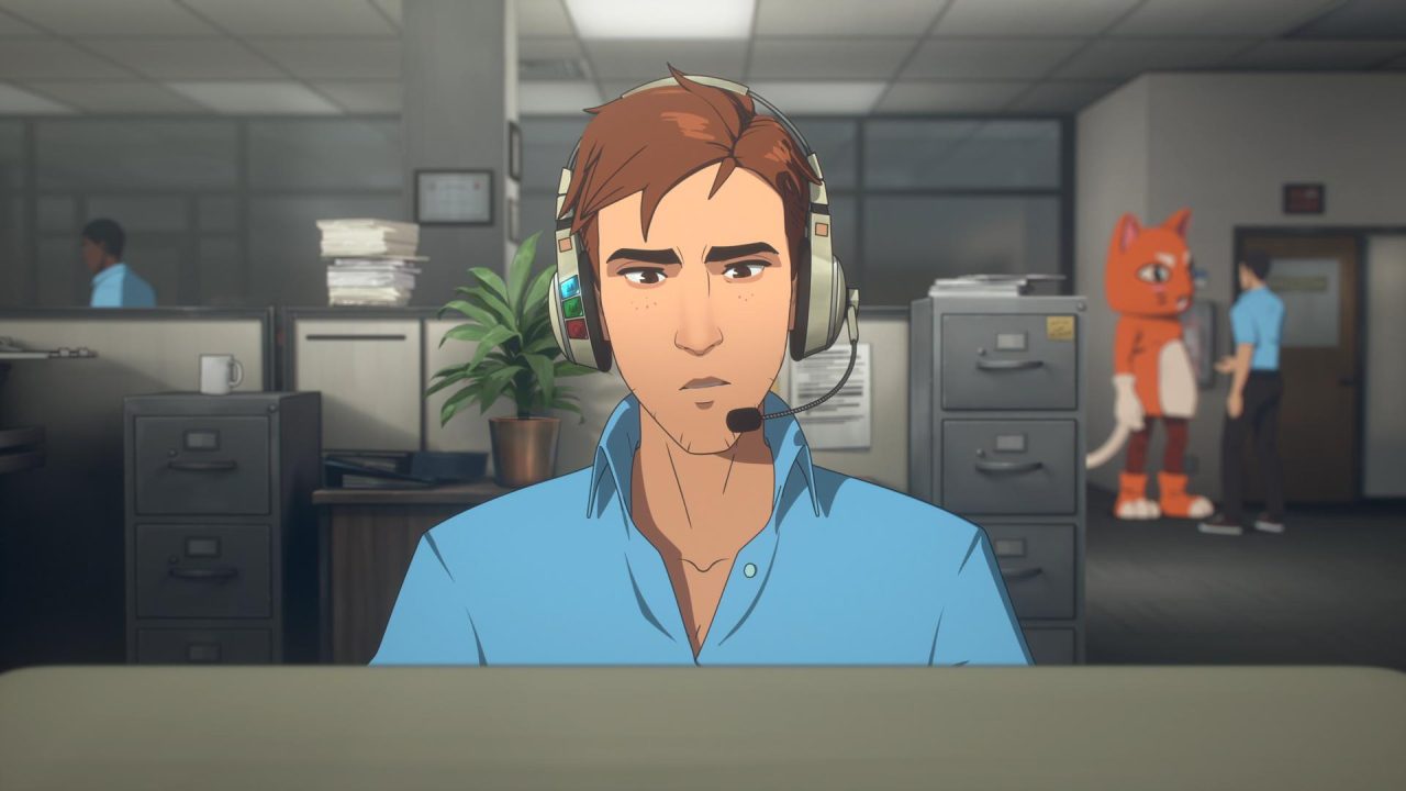 Dispatch_Xbox_Screenshots8 Animated office scene: a man in a blue shirt wearing a headset sits at a desk, speaking into the mic. In the background, an orange cartoon fox and a coworker chat near filing cabinets.