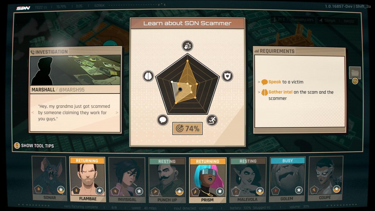 Dispatch_Xbox_Screenshots9 Game UI showing an educational module about SDN scammers with a central radar pentagon, investigation and requirements panels on the sides, and character cards along the bottom.