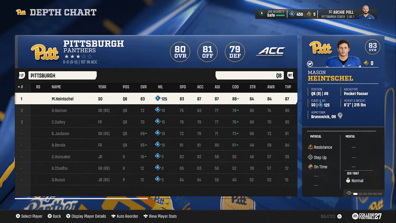 EA SPORTS™ College Football 27-Depth Chart | The Outerhaven Pittsburgh Panthers depth chart screen showing quarterback M. Heintschel and listed players with OVR ratings on a blue UI panel.
