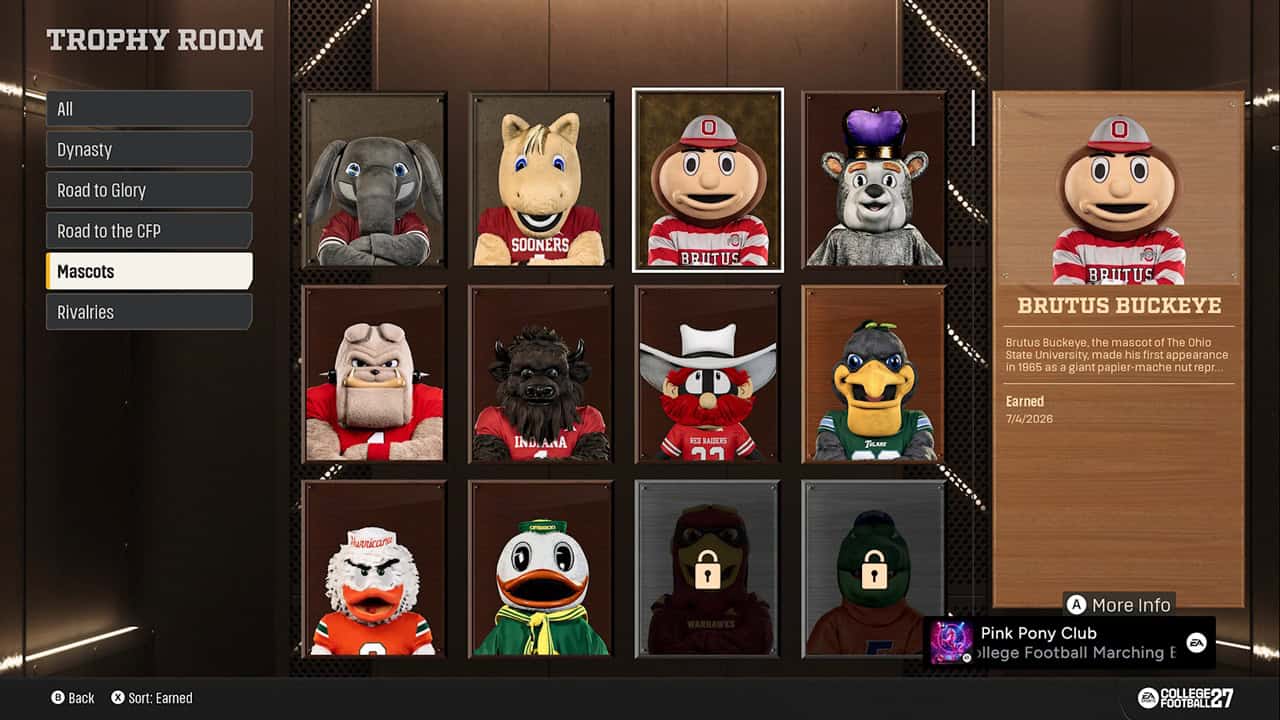 EA SPORTS™ College Football 27-Mascots | The Outerhaven Grid of framed mascot portraits in a trophy room, Brutus Buckeye plaque visible on the right panel