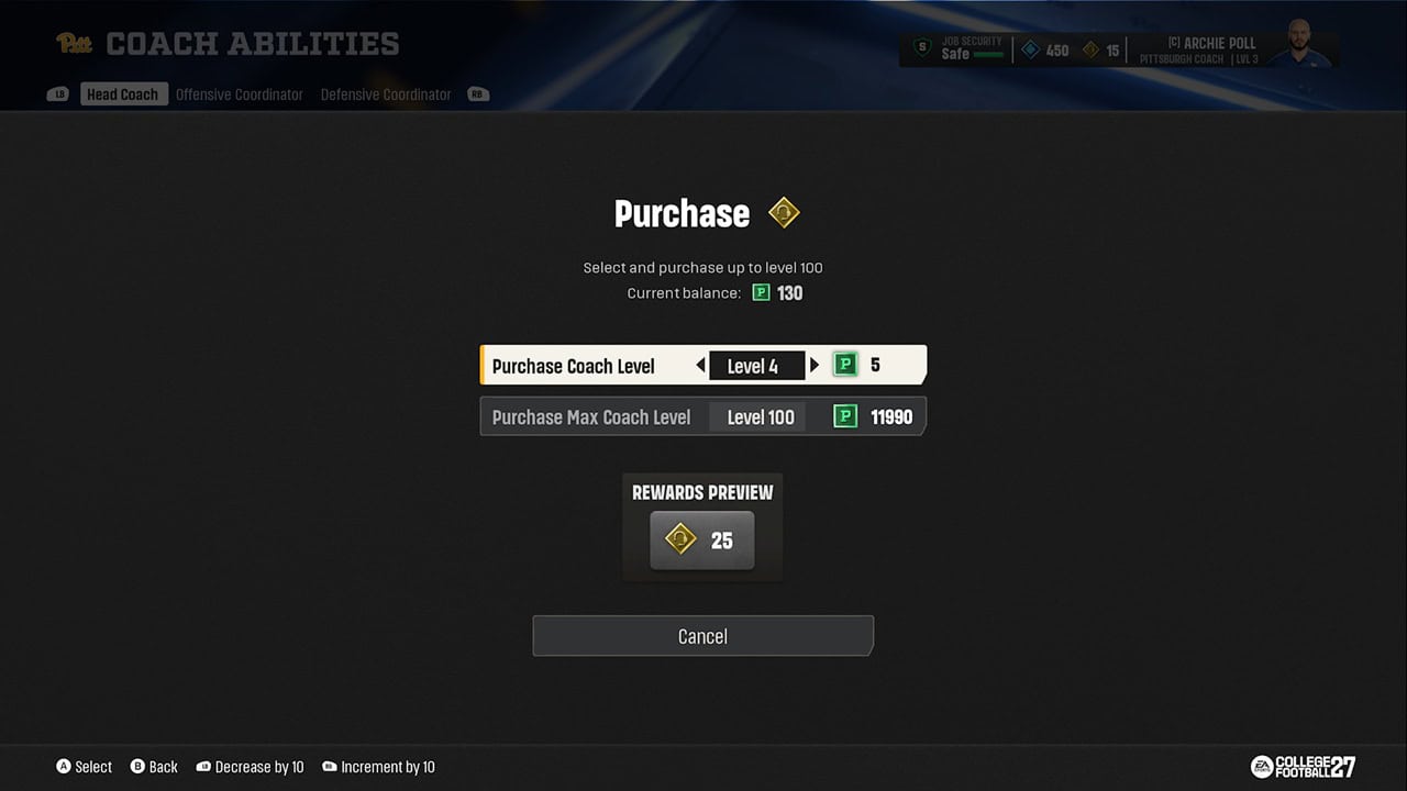 EA SPORTS™ College Football 27-Microtransactions | The Outerhaven In-game purchase dialog to upgrade coach level: select Level 4 for 5 points; current balance 130; max level 100; rewards preview shows 25 points. Cancel button below.