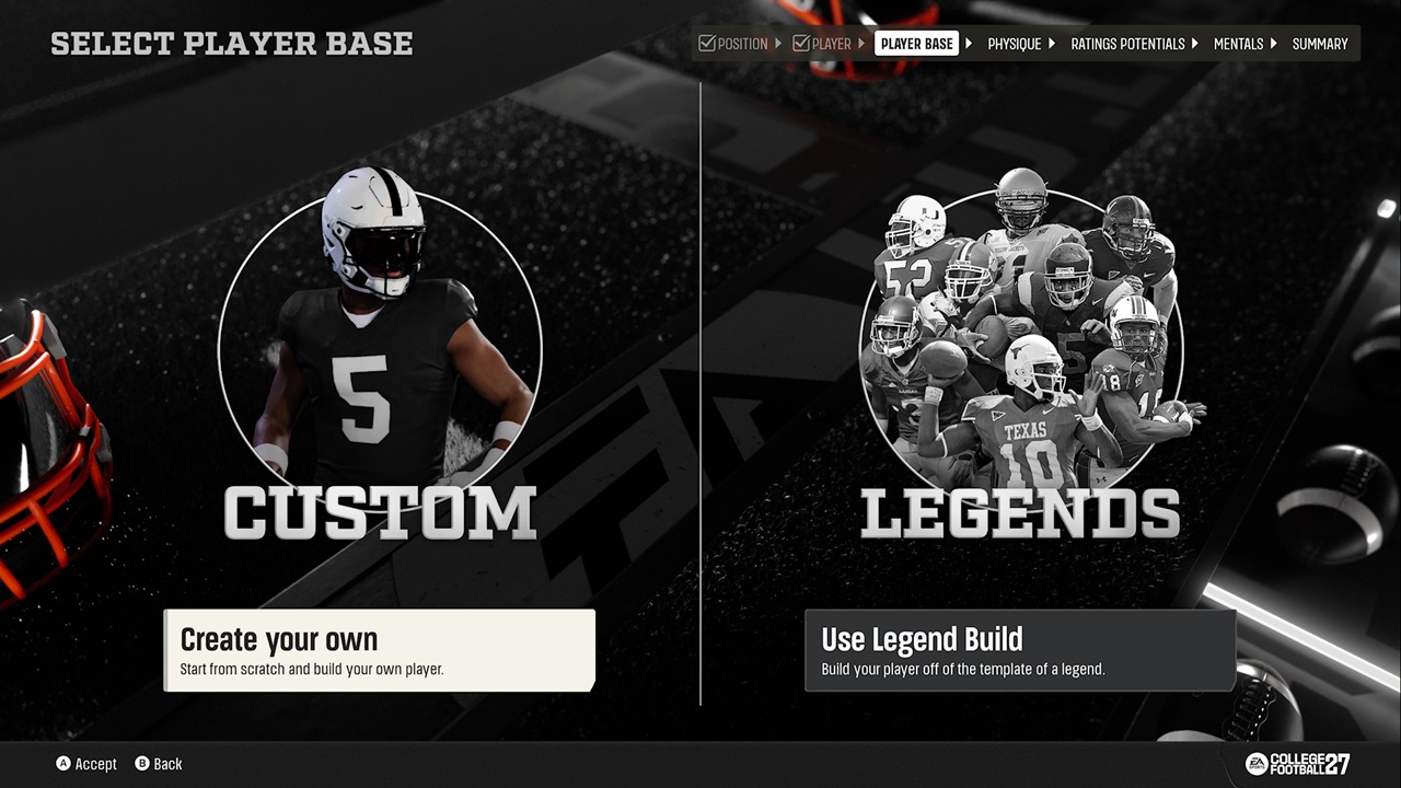 EA SPORTS™ College Football 27-Player Base | The Outerhaven Split-screen game menu showing Custom and Legends options for building a football player in a football game mockup.