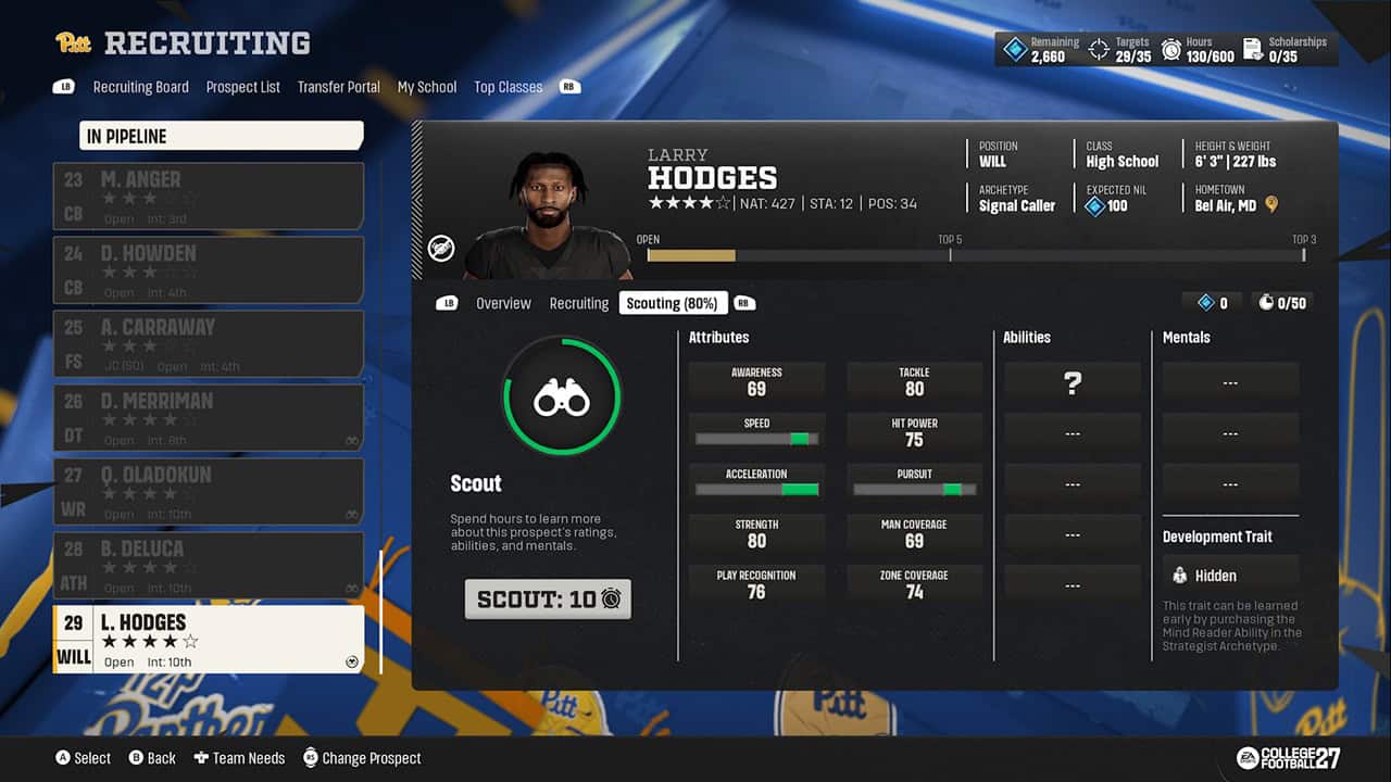 EA SPORTS™ College Football 27-Recruiting | The Outerhaven Recruiting screen: prospect Larry Hodges profile with portrait, position WILL, class High School, and stats.