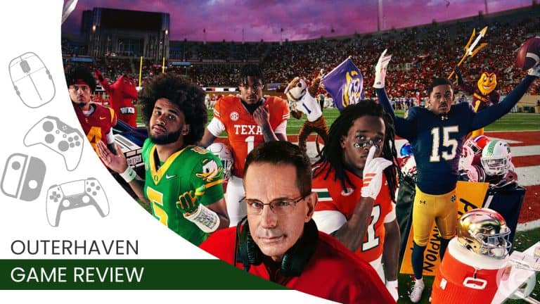 Collage of football players on a stadium field for a game review, with the text 'OUTERHAVEN GAME REVIEW' on the left panels.