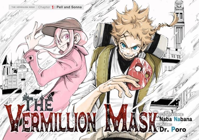 Fnd1XhfagAIY62s | The Outerhaven Cover of The Vermillion Mask Chapter 1: Pell and Sonna, showing a pink-haired girl in a pink coat and hat beside a blond boy holding a red mask, set against a rain-soaked city backdrop.