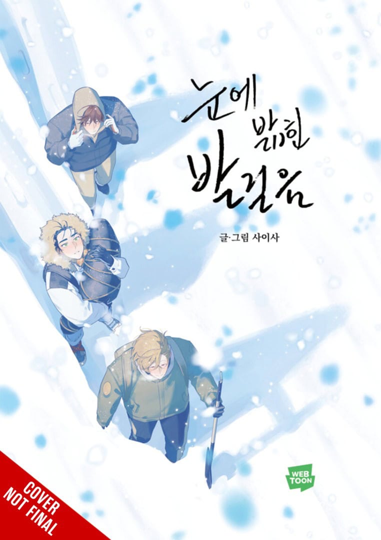 Footsteps in the Snow CNF | The Outerhaven Three young men in winter jackets climbing up a snowy slope, viewed from above, with a bold handwritten Korean title on the right and a Webtoon logo at the bottom right; a red 'Cover Not Final' label in the lower-left corner.