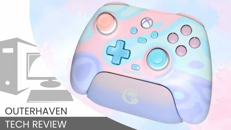 GameSirFI | The Outerhaven Close-up of a pastel pink-blue game controller on a gradient background, with a gray logo and the words OUTERHAVEN TECH REVIEW overlaying the image.