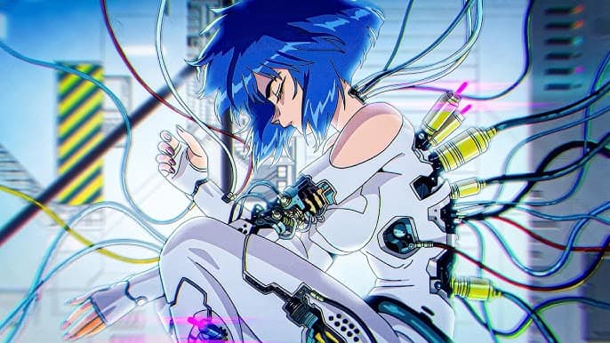 Ghost in the Shell | The Outerhaven Anime-style person with blue hair, in a white suit, wired to multiple cables and tubes in a high-tech lab, undergoing cybernetic augmentation.