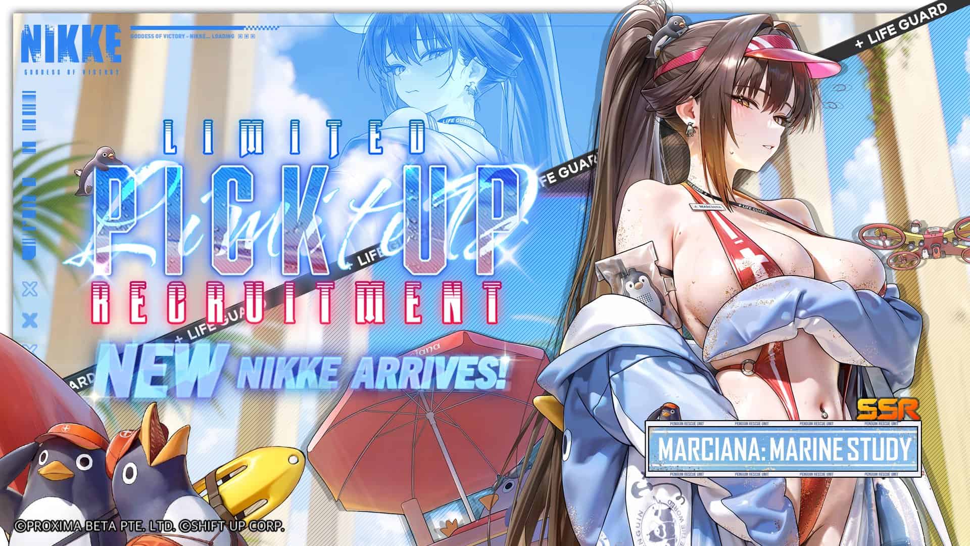 HL0AttGaQAA40Et | The Outerhaven Anime-style promotional banner featuring a sexy female character in a red bikini top and blue jacket, with bold 'Limited Pick Up' and 'Marciana: Marine Study' text.