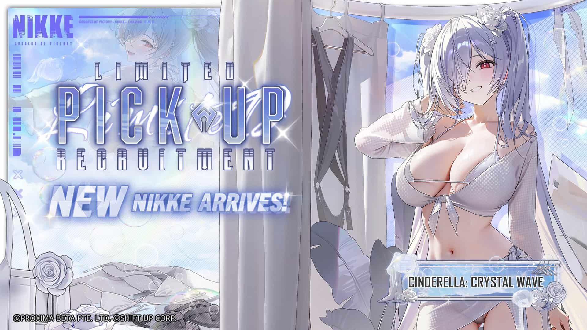 HL0BsF5bgAAsRpp | The Outerhaven Promotional banner with a silver-haired girl in a white bikini, clothing rack, and text reading 'Limited Pick Up Recruitment' and 'New Nikke Arrives'.