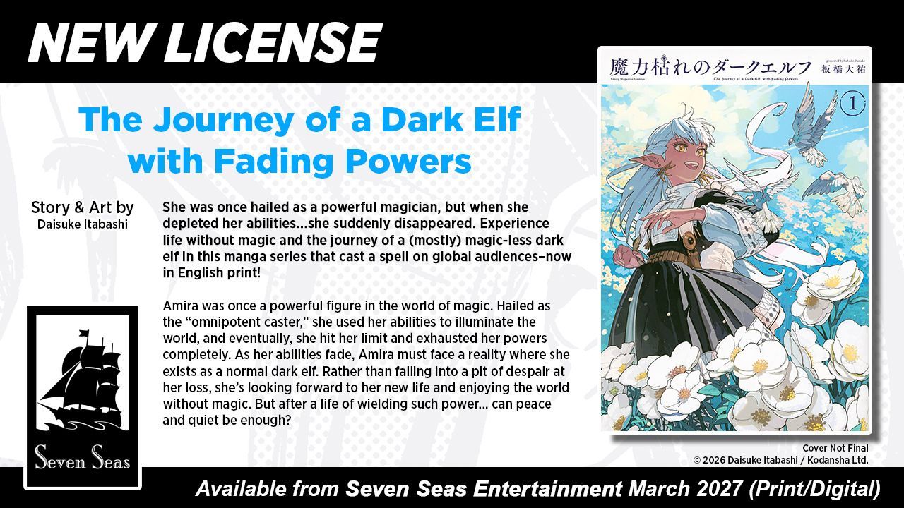 HMb0mGBXkAA9_Pv | The Outerhaven Promotional spread for a manga titled 'The Journey of a Dark Elf with Fading Powers' with the cover on the right and release details at the bottom.