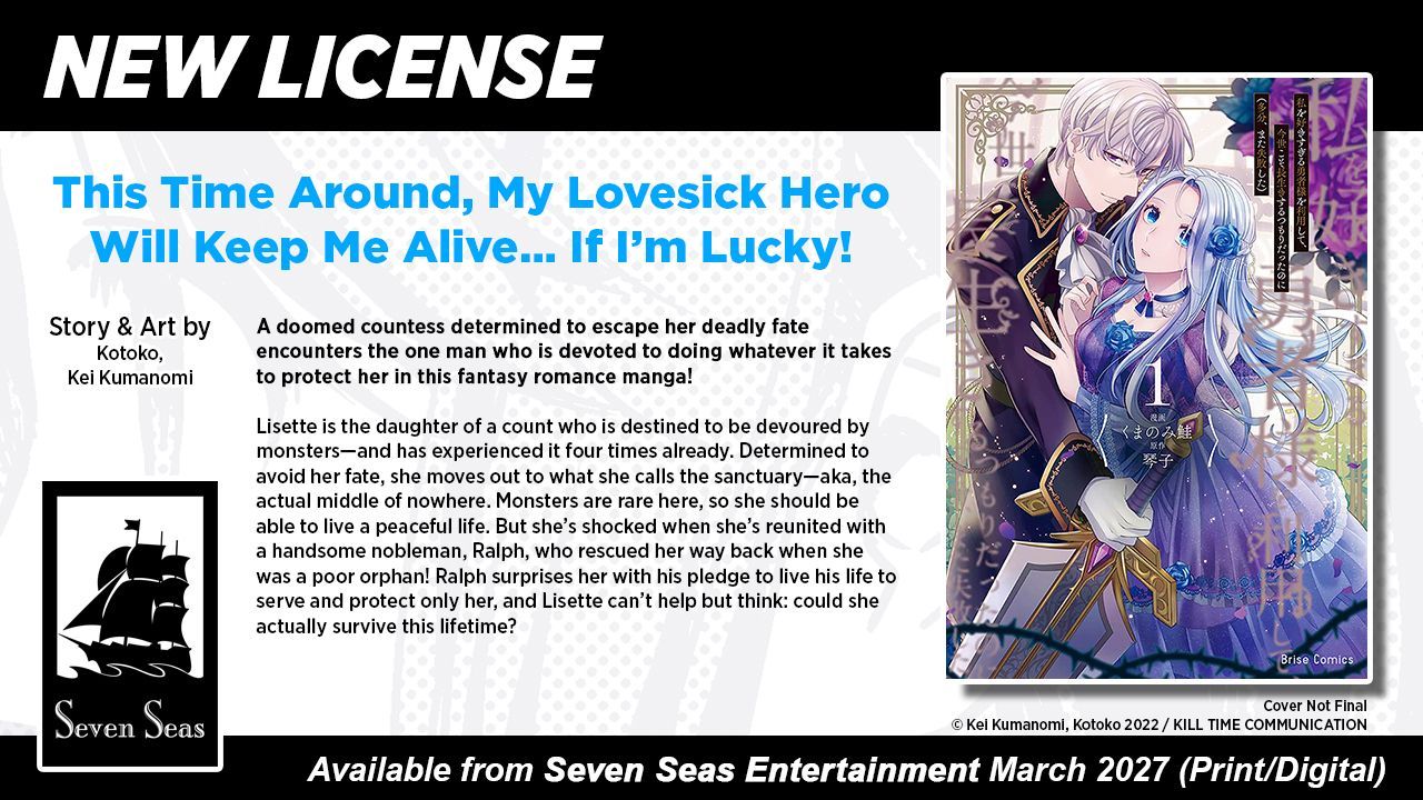 HMb2UQxWUAACO-u | The Outerhaven Promotional manga page: bold blue title, black-and-white article text, Seven Seas logo on left, and a colorful cover illustration of a couple on the right.