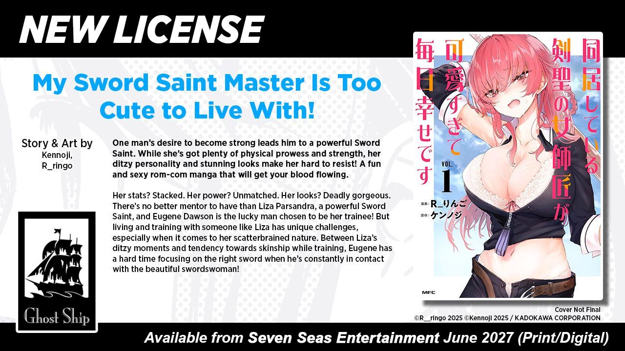 My Sword Saint Master | The Outerhaven Promotional manga spread: title 'My Sword Saint Master Is Too Cute to Live With!', summary text in the center, Ghost Ship logo bottom left, and a pink-haired illustrated character on the right.