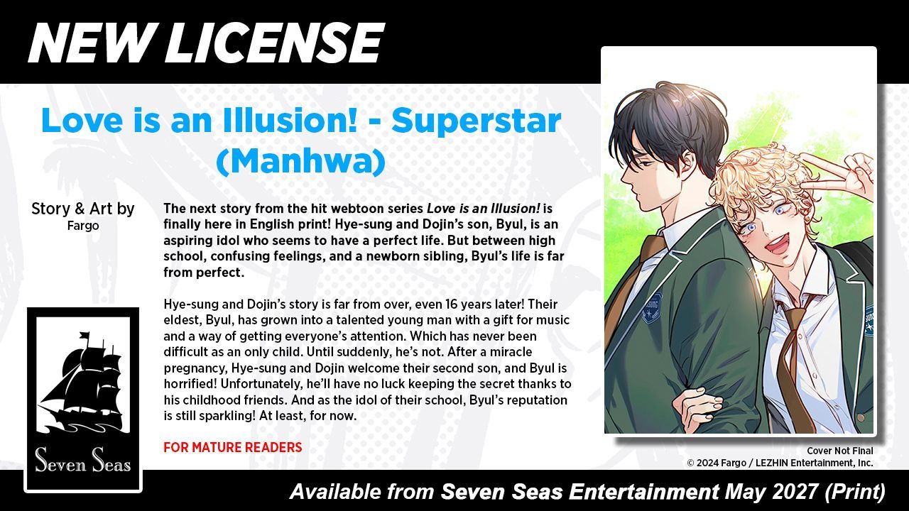 Love is an Illustion | The Outerhaven Promotional manga page for Love Is an Illusion! - Superstar (Manhwa) with blue title text and a two-teen image panel on the right.