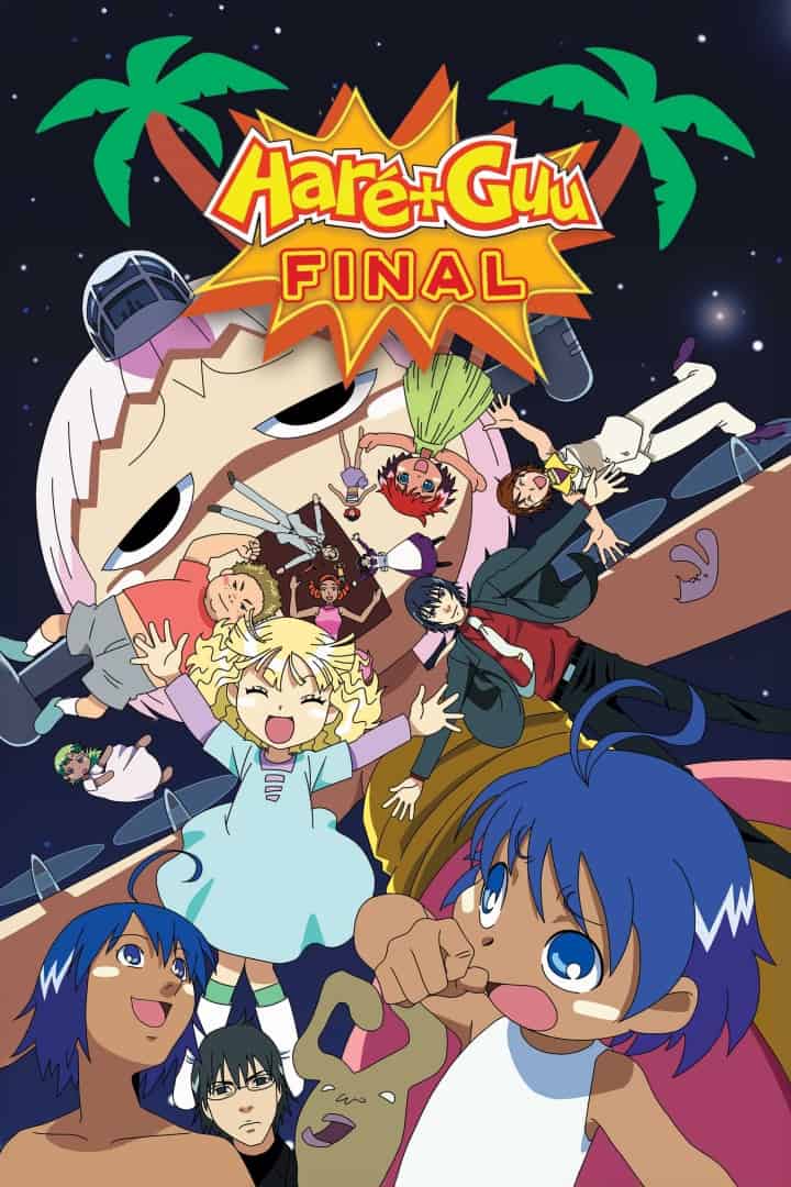 Haré + Guu FINAL | The Outerhaven HaréGuu Final promotional poster with a bright explosion logo, palm trees, and a space backdrop, showing the cast of characters posed together for the finale.