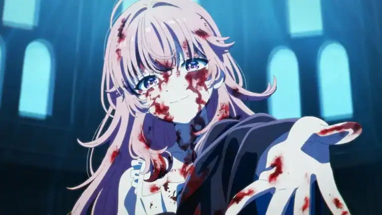 I Want to Love You Till Your Dying Day | The Outerhaven Anime girl with blood on her face and hair, extending a blood-smeared hand toward the viewer in a blue-lit cathedral-like background, conveying danger or distress.