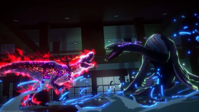 Jurassic Shadows - PV Scene Still 03 | The Outerhaven Two neon-lit dragon-like creatures clash in a dark indoor arena, with red and blue energy streams curling between them.