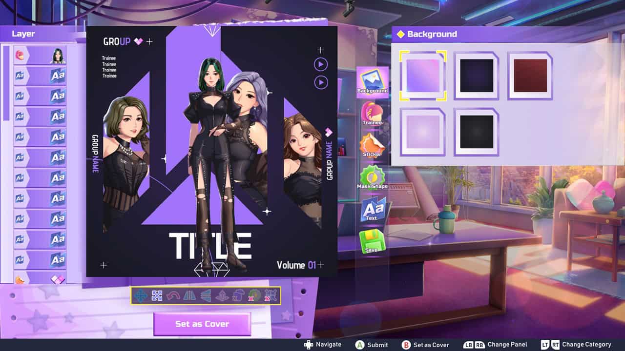 K-pop Idol Stories_ Road to Debut-Album Bug | The Outerhaven Character customization screen with four female avatars in black outfits and a bold purple UI frame.