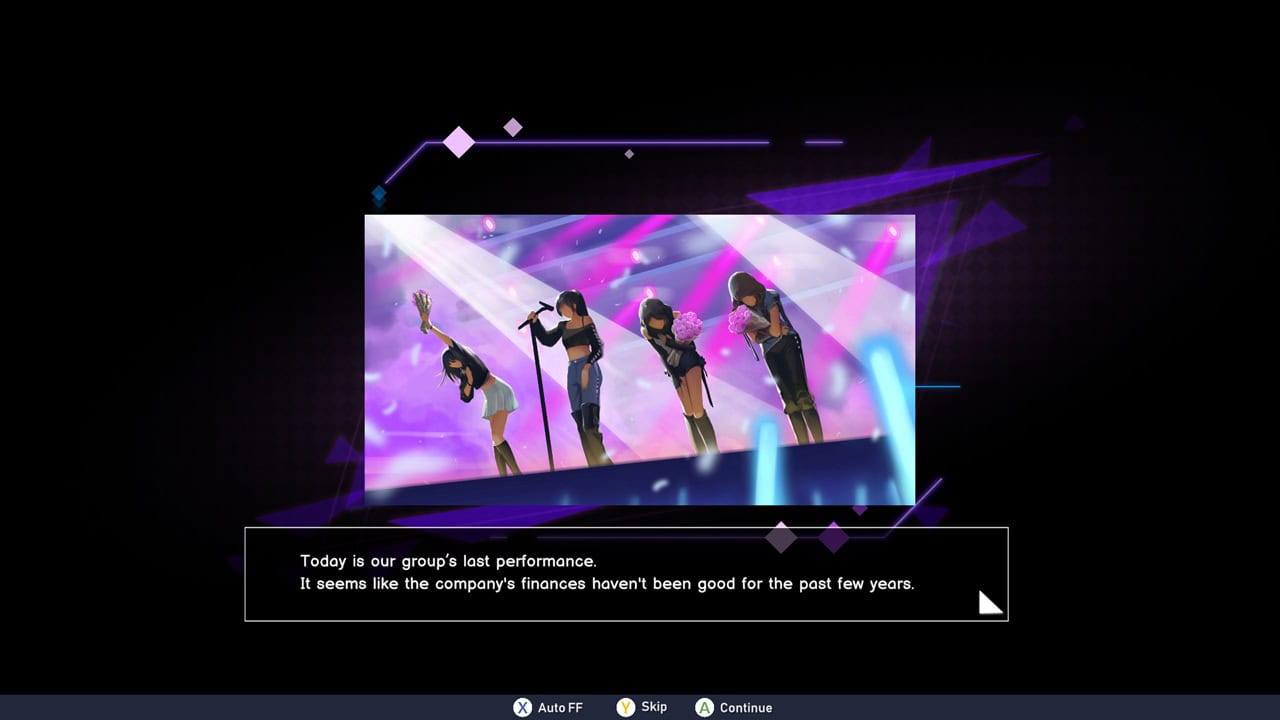 K-pop Idol Stories_ Road to Debut-Disbanded | The Outerhaven Four female performers on a purple-lit stage in a video game cutscene, with a dialogue box about their last performance.