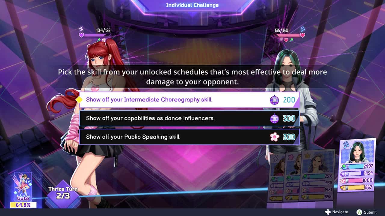 K-pop Idol Stories_ Road to Debut-Evaluation | The Outerhaven Dance game screen with two characters on a neon stage, showing three skill choices: Choreography (200), Influencers (300), Public Speaking (300).